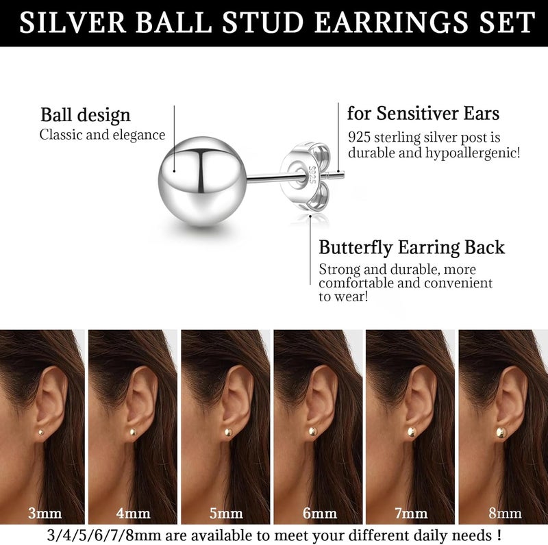 Senteria أقراط لؤلؤ من الفضة الإسترلينية 925 مجموعة أقراط صغيرة خفيفة الوزن لامعة للنساء 6 أزواج 3-10 مم - Image 4